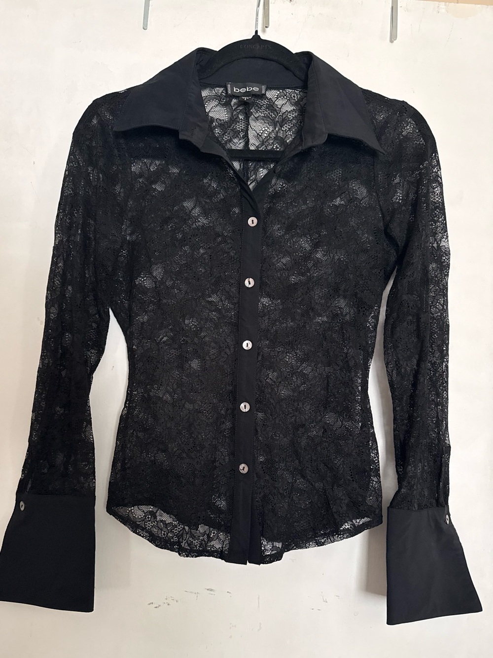 bebe Black Lace Button-Front Long Sleeve Shirt